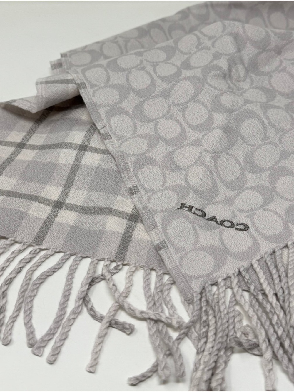 New COACH Reversible Grey Signature Fringe Scarf